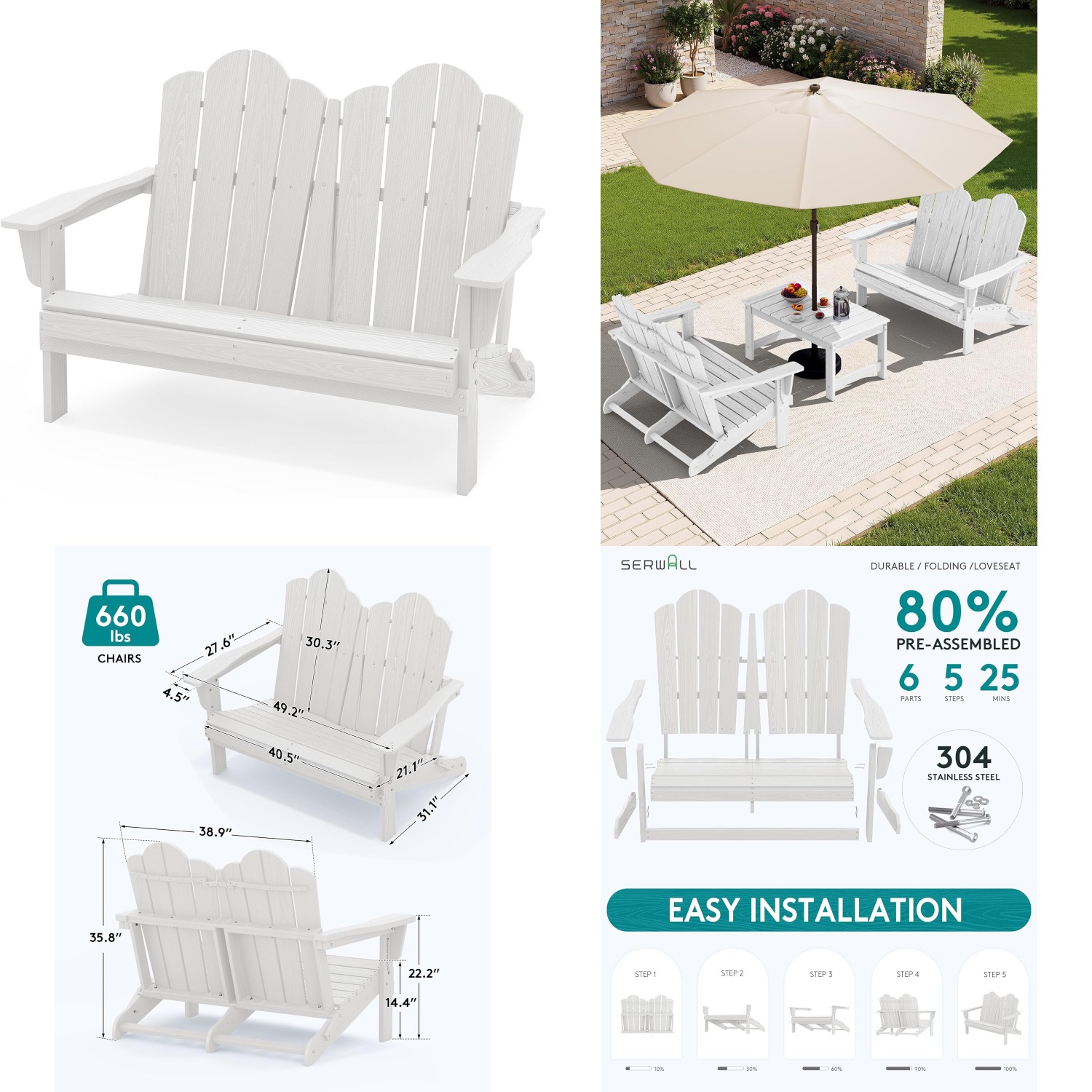 Outdoor Furniture Loveseat - Canapé Adirondack pliable en HDPE résistant